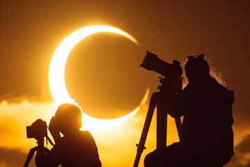 Two people observing an eclipse through a telescope in the sky. Generative AI