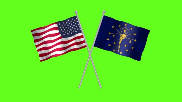Flag of Indiana And USA, Cross table flag of Indiana and USA on Green screen chroma key, USA States Indiana 3D Animation flag waving in the wind isolated on Green Background.
