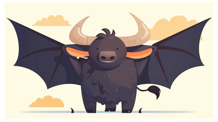 Fototapeta premium A cartoon cow with horns and a black wing