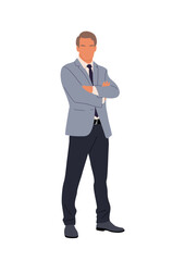 Businessman character standing in confident pose. Handsome business man in formal suit with his arms crossed. Vector realistic colorful illustration isolated on transparent background.