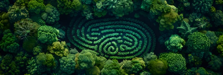 Fotobehang Aerial Top Down View of a Green Forest with Human Settlements, A labyrinth with a labyrinth of trees and a symbol of the labyrinth.  © xapharu