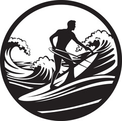 Surfers Symphony Vector Icon Logo of a Guy Riding Waves Aqua Acrobat Surfer Vector Logo Design