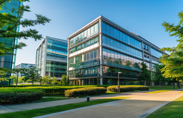 A modern office building with glass facades and green areas, set against the backdrop of blue sky on an idyllic summer day in Europe
