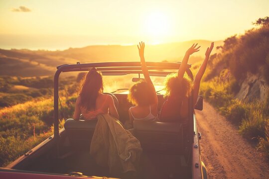 Group in car watching sunset over horizon, clouds painting sky. Generative AI - Powered by Adobe