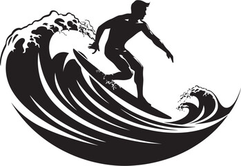 Ride the Tide Vector Logo Illustration of a Surfer Coastal Cruiser Surfing Guy Vector Logo Design