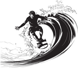 Surfer Silhouette Vector Logo Design of a Guy Riding Waves with Grace Ocean Motion Dynamic Surfer Vector Logo Illustration