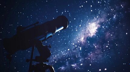 Highquality stock photo of a telescope pointed towards the stars on a clear night, with the galaxy...