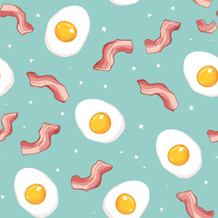 Playful eggs and bacon pattern, teal backdrop.
