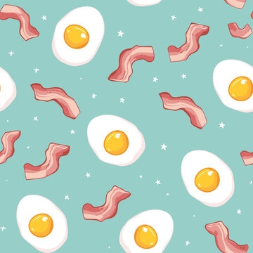 Playful eggs and bacon pattern, teal backdrop.
