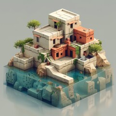 A 3D illustration of a house built on top of a rock in the middle of the ocean