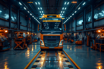 Front view of a yellow semi truck in a warehouse - obrazy, fototapety, plakaty