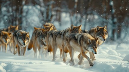 Wolves  strategic hunt  tense encirclement in snowy wilderness captured with telephoto lens