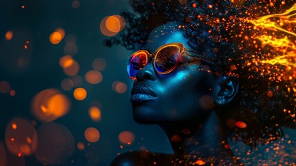 Afrofuturistic Vision: Woman with Fiery Hair and Intense Gaze