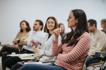 Group of attentive employees listening to a speaker at a seminar. A woman in foreground looks engaged, taking part in discussion.