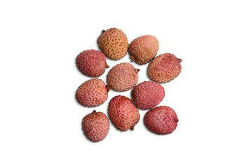 Group of lychee fruits top view on white isolated background