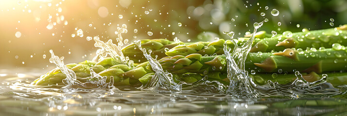 Asparagus Stalks in a Splash of Water on the Tab,
Araffe in the water with bubbles and droplets