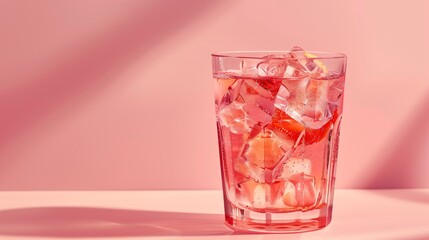 A glass of fruit juice with ice cubes, against a solid pastel backdrop, portraying a modern and clean aesthetic