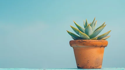 Foto op Canvas A lone succulent plant in a terracotta pot, set against a calming sky blue backdrop © anupdebnath