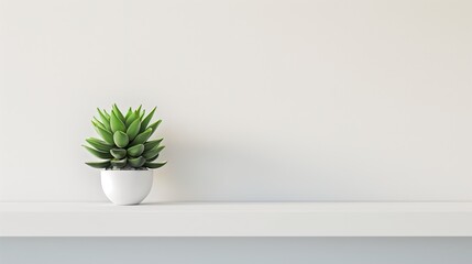 A lone succulent plant positioned on a clean, minimalist white shelf - obrazy, fototapety, plakaty
