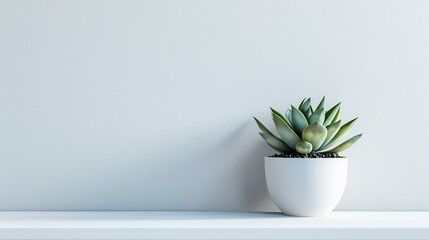 A lone succulent plant positioned on a clean, minimalist white shelf - obrazy, fototapety, plakaty