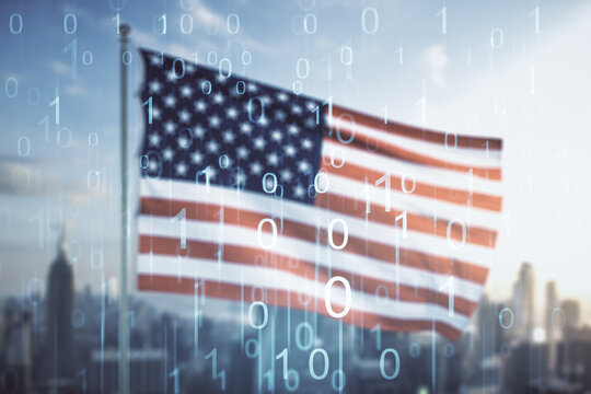 Double exposure of abstract virtual binary code hologram on USA flag and blurry skyscrapers background. Database and programming concept