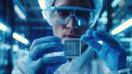A researcher holding a CNTFET chip, with a backdrop of a laboratory or cleanroom,