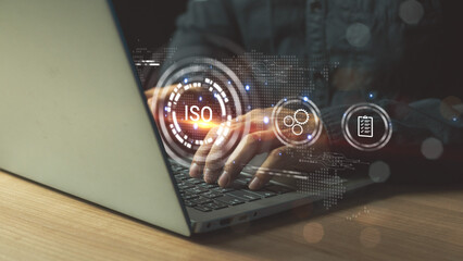 ISO standards quality control, assurance and warranty business technology concept. Businessman...