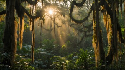 Enchanting sunlight filters through the dense canopy and fog of a lush, green forest, creating a mystical and serene atmosphere