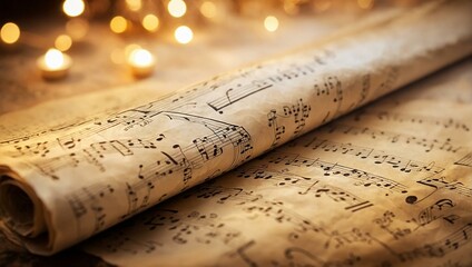 Richly detailed musical notes on aged paper scrolls set against a warm candlelit background