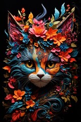 Detailed and vibrant illustration of a cat's face adorned with a myriad of colorful flowers, exuding creativity and artistic flair