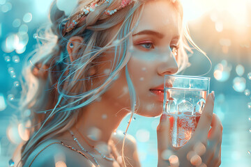 Quench your thirst with a refreshing scene of a girl enjoying a glass of water, promoting hydration and healthy lifestyle choices - obrazy, fototapety, plakaty