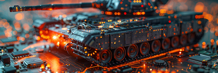 Closeup on a Military Tank on a Powerful Computer,
Modern futuristic battle tank with turret and cannon in city