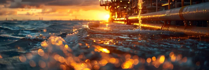  Water Flowing from the Pipes of an Oil and Gas Plant, A sunset over a lake with the sun setting behind it  © noora