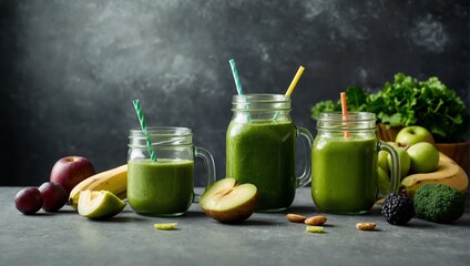 Two jars filled with nutritious green smoothie surrounded by fresh fruits and vegetables on a dark background
