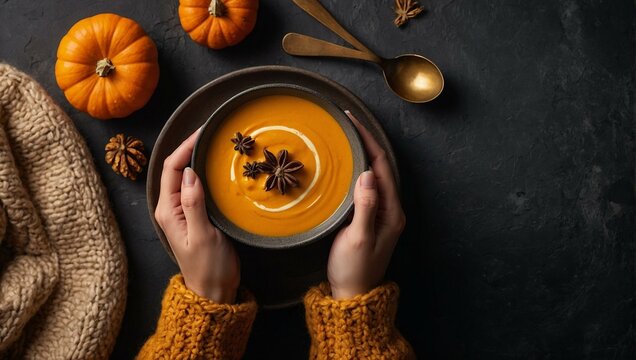 A warm and cozy image featuring hands cradling a bowl of pumpkin soup, surrounded by autumnal elements