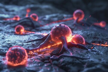 Hyper-realistic scene of nanobots fighting cancer cells in the lungs, highlighted by the glow of their tiny lasers, 3D illustration - obrazy, fototapety, plakaty