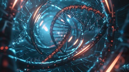 Realistic depiction of an alien DNA replication process, with unknown genetic material glowing in a dark room, 3D illustration