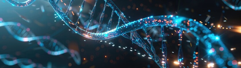 Realistic image of a holographic DNA strand twisting and replicating in the air of a dimly lit research facility, 3D illustration