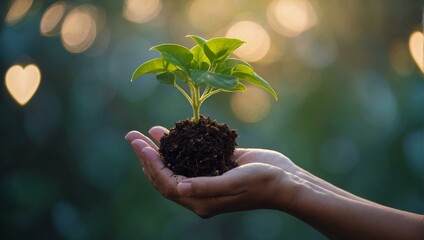 A hopeful image showing a person's hand gently holding a young plant with sunlight and heart-shaped bokeh effect in the background