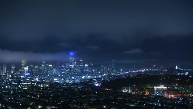 San Francisco Bay Bridge and Downtown Skyscrapers from Bernal Heights Time Lapse California USA