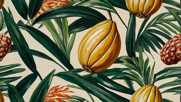 Rich and vibrant botanical painting featuring cacao pods and pineapple with lush green leaves
