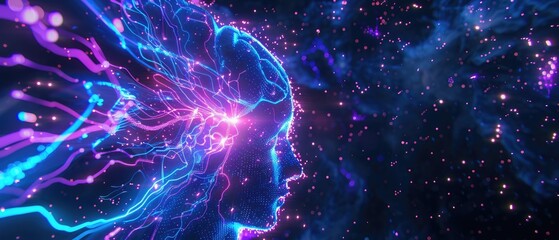 Neon blue and purple circuits interweaving to create a digital brain