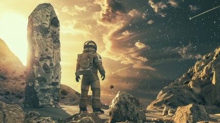 Detailed, atmospheric image of an astronaut standing before an ancient, alien monolith on a remote asteroid, 3D illustration - obrazy, fototapety, plakaty