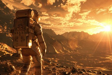 Hyper-realistic depiction of an astronaut's first steps in a forgotten civilization on Venus, under a copper sky, 3D illustration