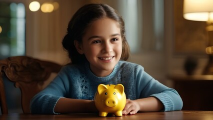 A young girl is sitting at a table with a yellow piggy bank in front of her