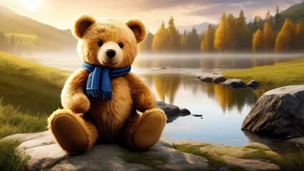 A teddy bear is sitting on a rock by a lake