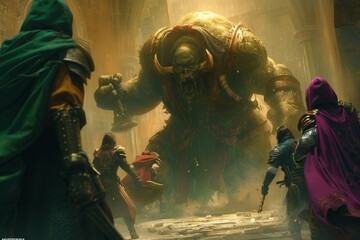 Four adventurers fighting a large green ogre in a dungeon