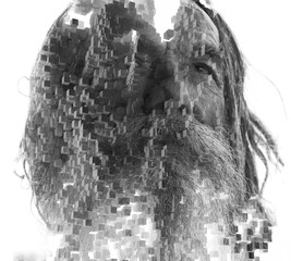 A creative double exposure portrait of a bearded man intertwined with 3D cubes - 779031224
