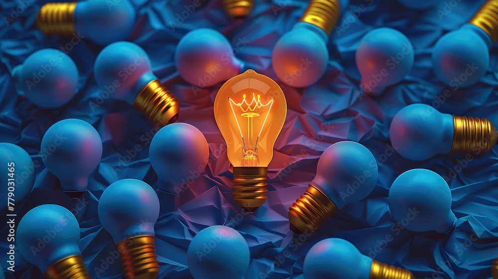 Aufkleber A photorealistic set of lightbulbs that repeat in the same dark blue color, over a similar color background. One of the lightbulbs is in a neon yellow color and stands out. Generative AI.