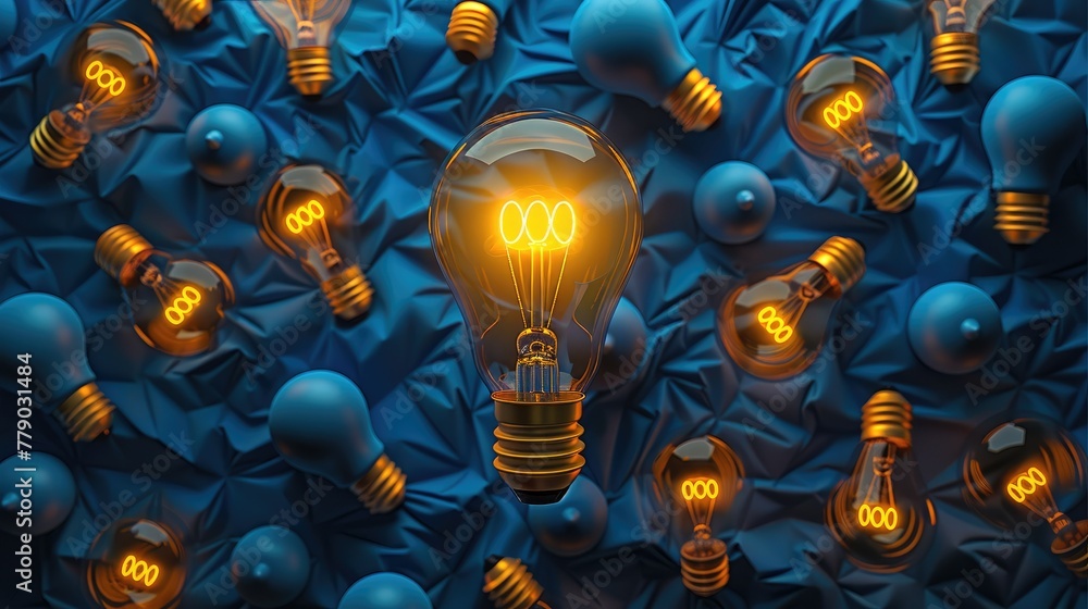 Aufkleber A photorealistic set of lightbulbs that repeat in the same dark blue color, over a similar color background. One of the lightbulbs is in a neon yellow color and stands out. Generative AI.